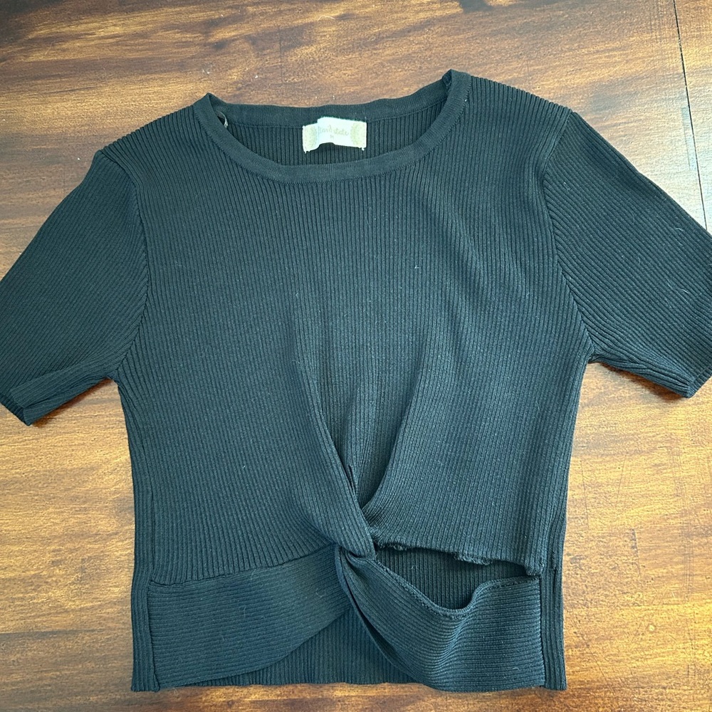 Alterd State Black Ribbed Crop Knot Front Top